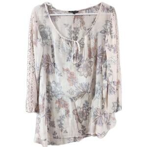 Unique Spectrum Boho Blouse Pale Pink Floral Cut Out Crochet 3/4 Sleeves 2X